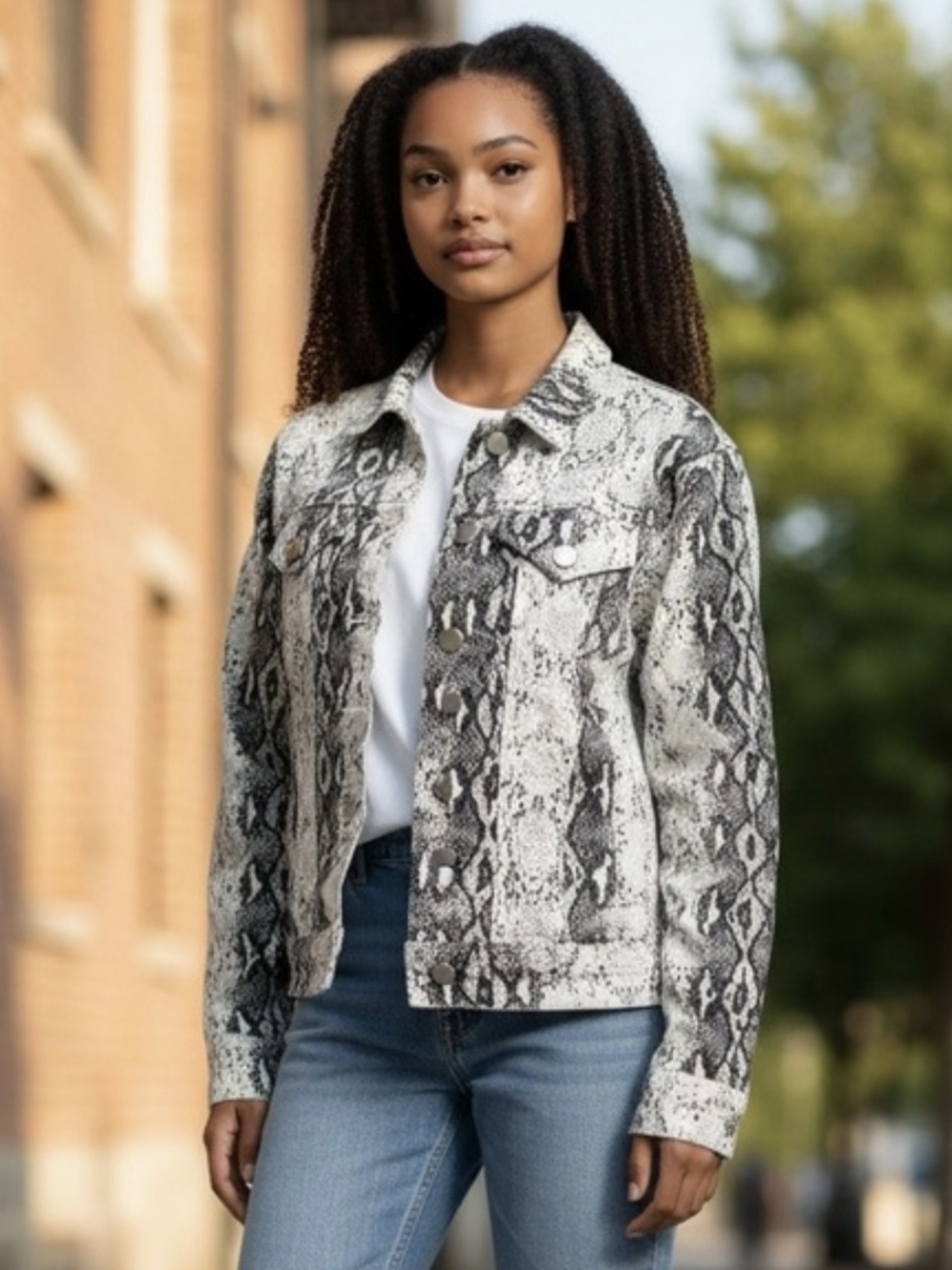 JustFab Snake-Print Denim Jacket